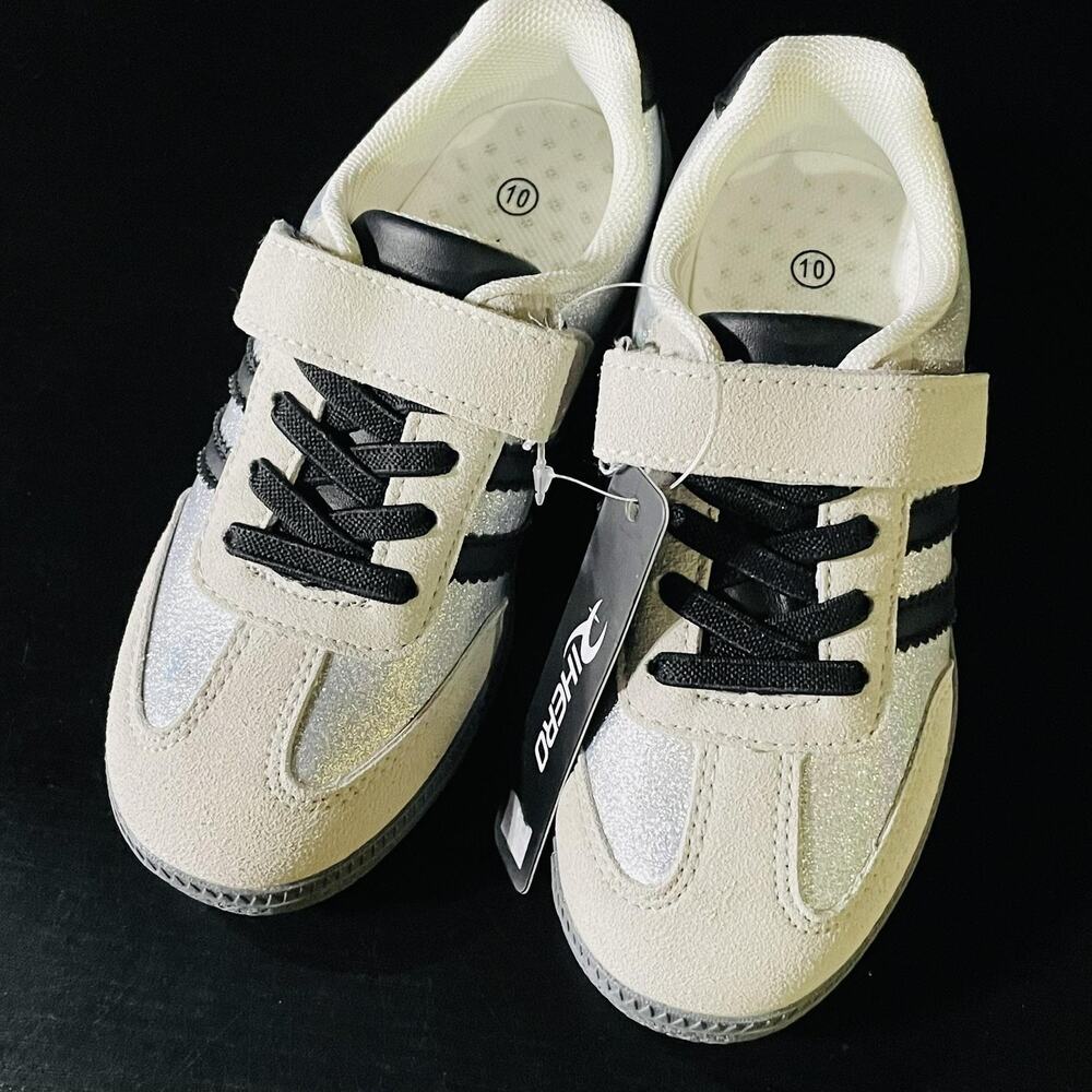 Rihero Shoes Unisex Kids Size 10 White Glitter Strap Athletic Sneakers Low Top